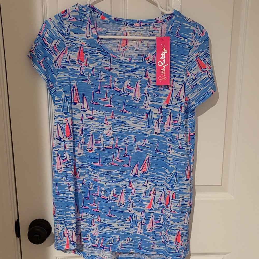 Lilly Pulitzer Blue Tee with Pink Sailboat Design